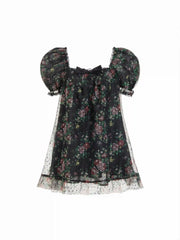 Organza Floral Square Neck Puff Sleeve Bowknot Textured Babydoll Mini Dress