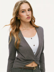 Knit V-Neck Two Tone Twist Front Top