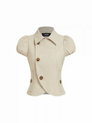 Notched Collar Puff Sleeve Asymmetrical Button Blouse