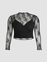 High Neck Lace Floral Blouse & Solid Crop Cami Top Set Curve & Plus