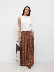 Flannel Check Button Wide Leg Trousers