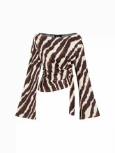 Boat Neck Zebra Striped Belted Bell Sleeve Top