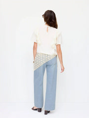 Washed Denim Low Rise Wide Leg Trousers With Floral Lace Scarf