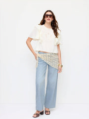 Washed Denim Low Rise Wide Leg Trousers With Floral Lace Scarf