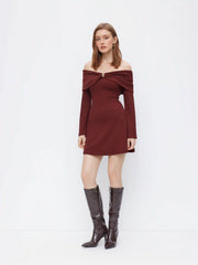 Off-Shoulder Bell Sleeve Metal Button Ribbed Mini Dress