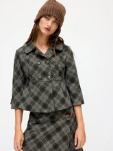 Jacquard Peter Pan Collar Plaid Double Breasted Mid-length Sleeve Jacket