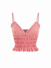 Gingham V-Neck Shirred Ruffled Cami Top