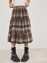 Woven High Rise Check Ruffle Tiered Maxi Skirt