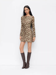 Boat Neck Zebra Stripe Bell Sleeve Mini Dress