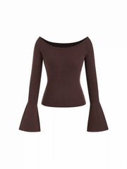 Knit Boat Neck Solid Bell Sleeve Top