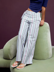 Linen-blend Low Rise Striped Belted Wide Leg Trousers