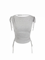 High Stretch Boat Neck Backless Ruched Tie-Shoulder Top