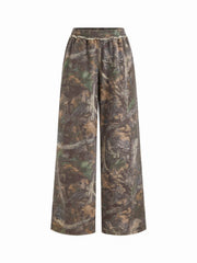 Cotton-blend Mid Rise Elastic Waist Floral Camo Wide Leg Trousers