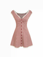 Gingham V-neck Short Sleeve Ruched Lace Trim A-line Mini Dress