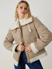 Fleece Buckle Collar Patchy Zipper Puffer Jacket
