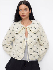 Fleece Peter Pan Collar Bowknot Embroidery Tie Front Oversized Jacket