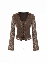 Lace V-neck Lace Up Long Sleeve Top With Scarf