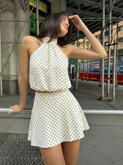 Satin Halter Neckline Polka Dot Top & Mid Rise Zipper Mini Skirt Set