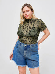 Mesh Round Neckline Floral Lettuce Trim See-through Bodysuit Curve & Plus