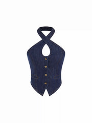 Washed Denim Halter Neck Cut Out Criss Cross Button Shirred Top