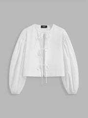 Cotton-blend Round Neckline Solid Tie Front Bowknot Oversized Blouse