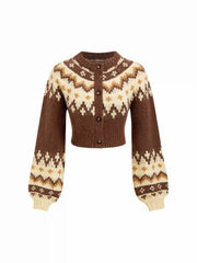 Knit Round Neckline Fair Isle Button Long Sleeve Cardigan