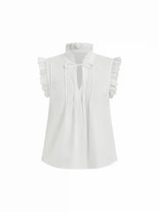 Cotton-blend Stand Collar Lace Panel Ruffled Oversized Blouse Oversized