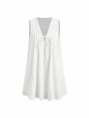 Cotton-blend Textured V-Neck Tie Front Mini Dress