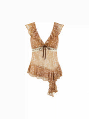Chiffon Deer Print V-neck Ruffle Cami Top