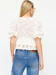 Lace V-Neck Puff Sleeve Ruffled Top