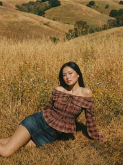 Plaid Off-Shoulder Bell Sleeve Bowknot Shirred Crop Blouse