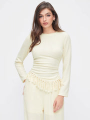 Fringe Hem Ruched Top & Mid Rise Pants Set