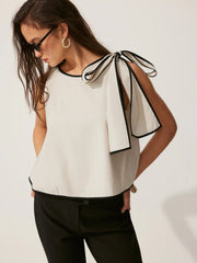 Linen-blend Boat Neck ColorBlock Knotted Blouse