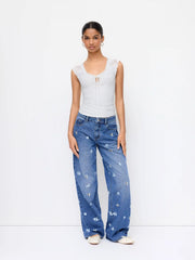 Cotton-blend Scoop Neck Lace Panel Tie-front Tank Top