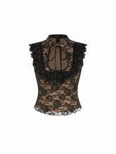 Lace Floral Mandarin Collar Tie Front Top