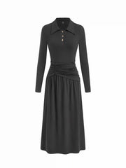 Collar Ruched Metal Button Long Sleeve Maxi Dress