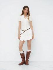 Cotton-blend V-neck Lettuce Trim Short Sleeve Blouse