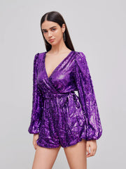 Sequin V-neck Solid Belted Romper