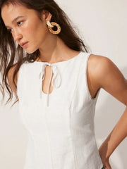 Linen-blend Boat Neck Knotted Sleeveless Blouse