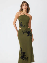 Mesh Floral Applique Halter Top & Mid Rise Maxi Skirt Set