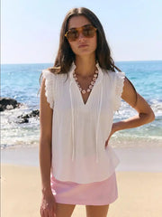 Cotton-blend Stand Collar Lace Panel Ruffled Oversized Blouse Oversized