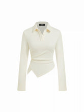 Cotton-blend Polo Ruched Hanky Hem Long Sleeve Top