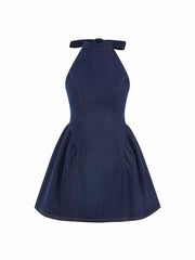 Washed Denim Twist Knotted Halter Neck A-line Mini Dress