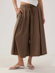 Linen-blend Low Rise Drawstring Wide Leg Cropped Trousers