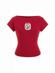 Cotton-blend Boat Neck Fruit Applique Short Sleeve Tee