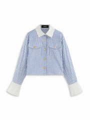 Cotton-blend Striped Collar Metal Detail Shirt