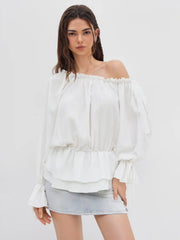 Asymmetrical Neck Lantern Sleeve Knotted Blouse
