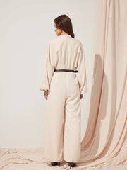 High Neck Puff Sleeve High Rise Wide Leg Jumpsuit With Belt