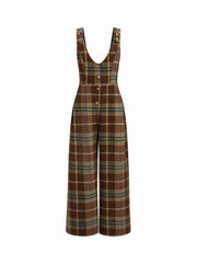 Tweed Plaid V-Neck Wide Leg Overalls