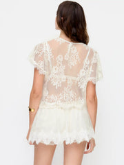 Lace Round Neck Ruffle Sleeve Short Sleeve Sheer Top